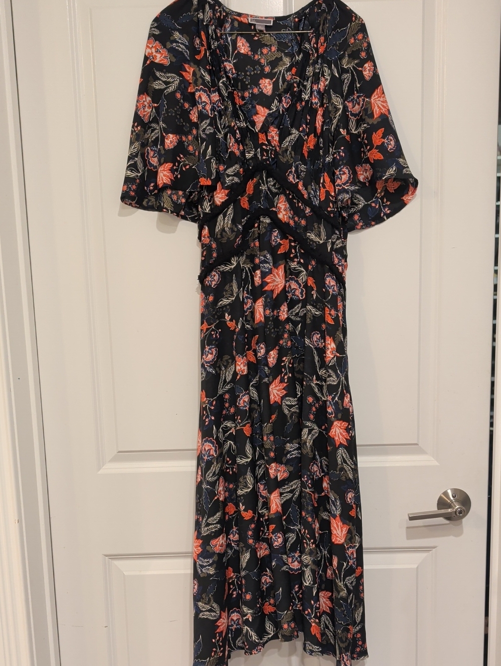 Chelsea28 Black Floral Wrap Maxi Dress with Coral Accents